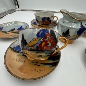 Vintage Hand Painted Japan Tea Set 11 Pc Cups Saucers Creamer Scenic Lusterware